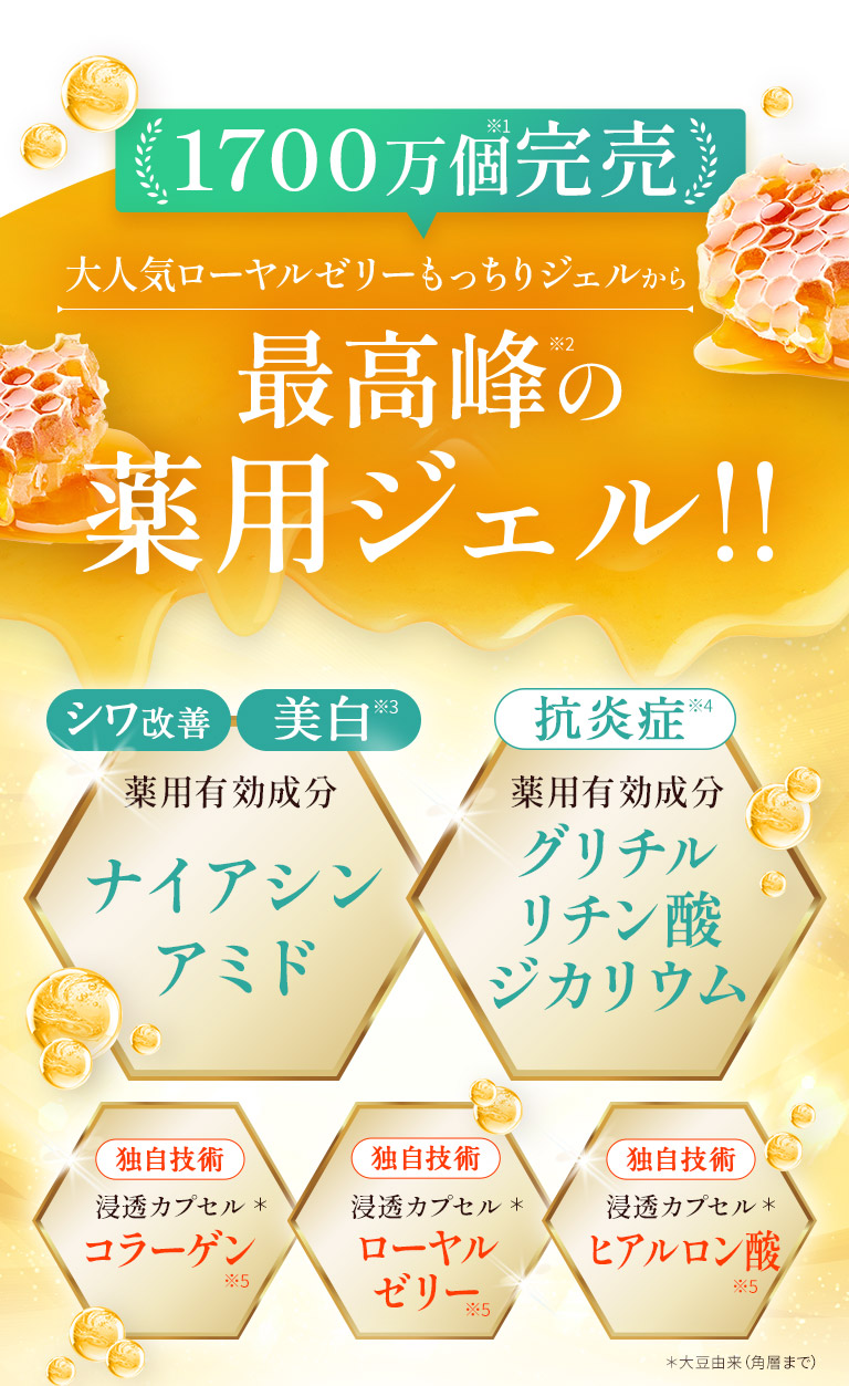 1700万個完売　大人気ローヤルゼリーもっちりジェルから最高峰の薬用ジェル！！