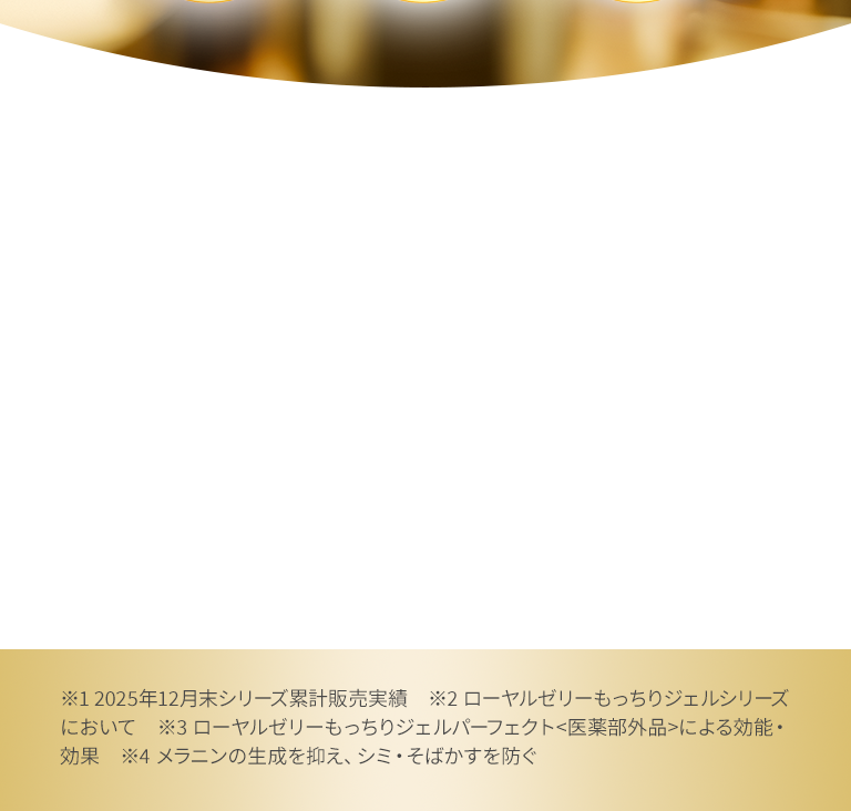 ※1 2025年12月末シリーズ累計販売実績　※2 ローヤルゼリーもっちりジェルシリーズにおいて　※3 ローヤルゼリーもっちりジェルパーフェクト<医薬部外品>による効能・効果　※4 メラニンの生成を抑え、シミ・そばかすを防ぐ